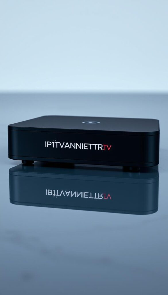 A high-quality, detailed image of a sleek and modern "IPTV Sender" device. The device is centered in the frame, with a sharp focus and precise details. The body is made of a smooth, matte black material, with clean lines and a minimalist design. The front panel features the brand name "IPTVANBIETERTV" prominently displayed, with a simple, understated logo. The device is positioned on a flat, reflective surface, creating a sense of depth and sophistication. The lighting is soft and diffused, creating subtle shadows and highlights that accentuate the product's form. The overall mood is one of elegance and technological prowess, reflecting the high-quality and comprehensive IPTV service offered by iptvanbietertv.com.