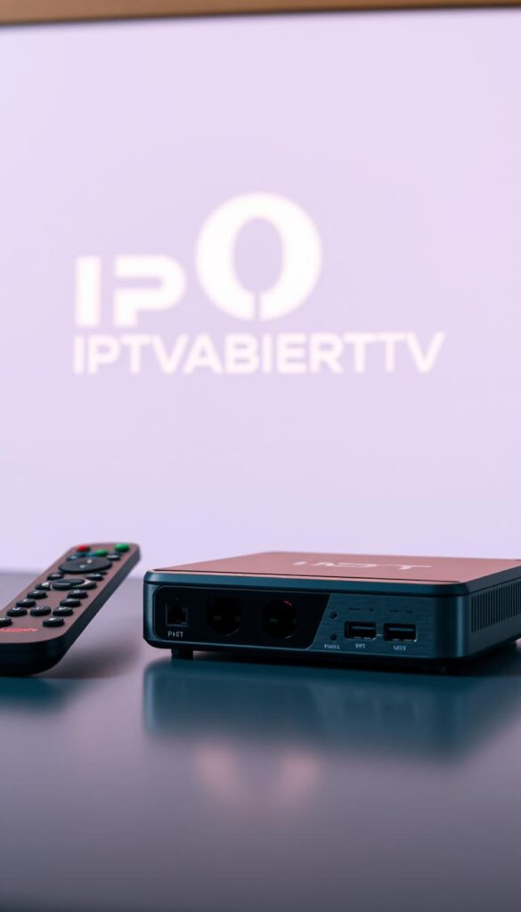A high-quality, detailed image of an IPTV subscription for a MAG-box device. The foreground shows the MAG-box itself, rendered with a sleek, modern design and multiple ports for connectivity. The middle ground features a remote control, neatly placed next to the box. The background showcases the IPTVANBIETERTV brand logo, prominently displayed in a clean, minimalist style. The lighting is soft and diffused, creating a warm, inviting atmosphere. The overall composition is balanced and visually appealing, capturing the essential elements of an IPTV subscription for a MAG-box in a professional, high-resolution rendering.