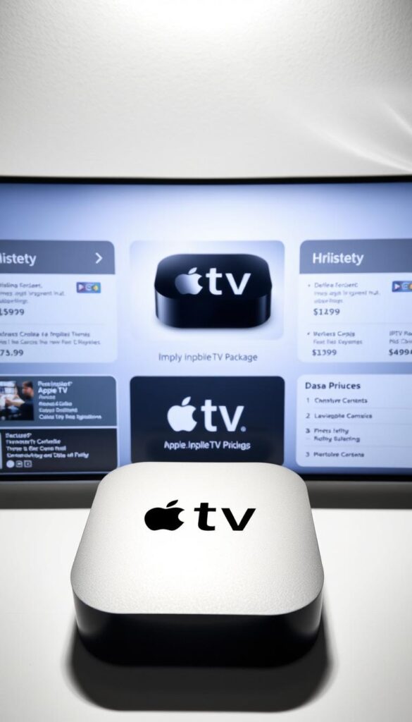 A high-quality, detailed image of an IPTV subscription package for Apple TV. The scene shows a sleek, modern Apple TV device prominently displayed in the foreground, surrounded by various pricing and package details in the middle ground. The background features a minimalist, stylized representation of streaming content, with subtle gradients and textures conveying a sense of digital connectivity. The lighting is clean and directional, emphasizing the product's design. The overall mood is professional, informative, and visually appealing, suitable for an article on IPTV services for Apple TV. The brand name "IPTVANBIETERTV" is clearly visible on the device or packaging.