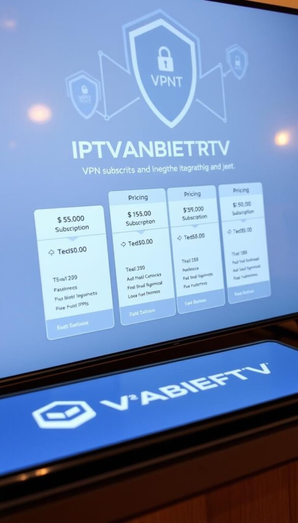 A high-quality, detailed image of an IPTVANBIETERTV service offering VPN support, showcasing its pricing and subscription options. The foreground depicts the IPTVANBIETERTV logo, prominently displayed on a sleek, modern device interface. The middle ground features a clean, minimalist layout highlighting various subscription tiers and pricing, conveyed through clear and informative visual elements. The background subtly suggests a sense of digital connectivity and security, with a VPN-inspired motif. The lighting is soft and warm, creating a professional, trustworthy atmosphere. The overall composition is balanced and visually appealing, capturing the essence of a reliable IPTV provider with VPN integration.