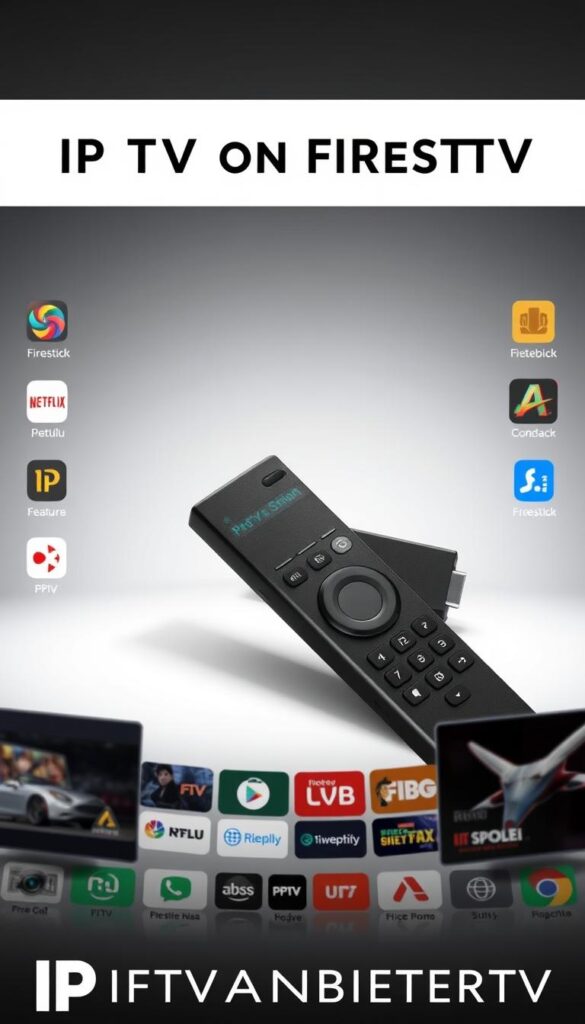 A high-quality, detailed image of the IPTV features and capabilities for the Firestick device. The image should have a clean, modern, and minimalist aesthetic, with a focus on highlighting the key functionalities of IPTV on the Firestick. The foreground should feature various Firestick icons, remote controls, and UI elements, showcasing the diverse IPTV services and apps available. The middle ground should depict the Firestick device itself, set against a subtle background gradient or simple geometric patterns. Lighting should be soft and diffused, creating a sense of depth and drawing the viewer's attention to the central elements. The overall mood should be one of professionalism, technology, and user-friendliness. The brand "IPTVANBIETERTV" should be subtly integrated into the design, perhaps as a small logo or watermark.
