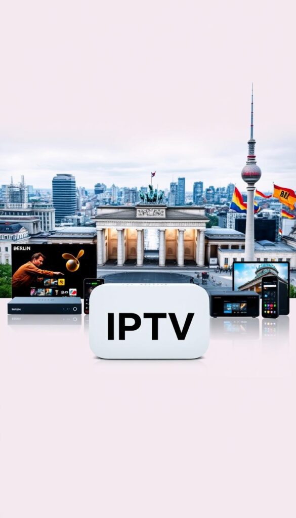 A high-quality, detailed image of the IPTVANBIETERTV brand and its IPTV services in Berlin. The image should showcase a sleek, modern design with a focus on the brand's logo and key features. The foreground should feature the IPTVANBIETERTV logo prominently, with a clean, minimalist style. The middle ground should depict various IPTV devices, such as set-top boxes and mobile devices, showcasing the service's multi-device compatibility. The background should feature a cityscape of Berlin, with iconic landmarks like the Reichstag and the TV Tower, conveying the local nature of the IPTV service. The overall tone should be professional, high-tech, and visually appealing, reflecting the quality and reliability of the IPTVANBIETERTV brand.