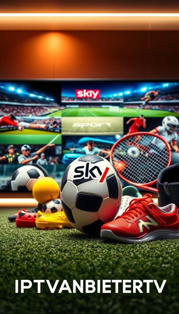 A high-quality, detailed image of the benefits of IPTV Deutschland Sky Sport, set against a sleek, modern background. In the foreground, prominently display the IPTVANBIETERTV brand name. In the middle ground, showcase a variety of sports equipment and gear, such as a soccer ball, a tennis racket, and a pair of running shoes, to represent the wide range of sports covered by the service. In the background, include images of sports stadiums, athletes in action, and other relevant sports imagery, all rendered in a vibrant, dynamic style that captures the energy and excitement of the service. The lighting should be warm and inviting, with a focus on highlighting the key benefits of the IPTV Deutschland Sky Sport offering.