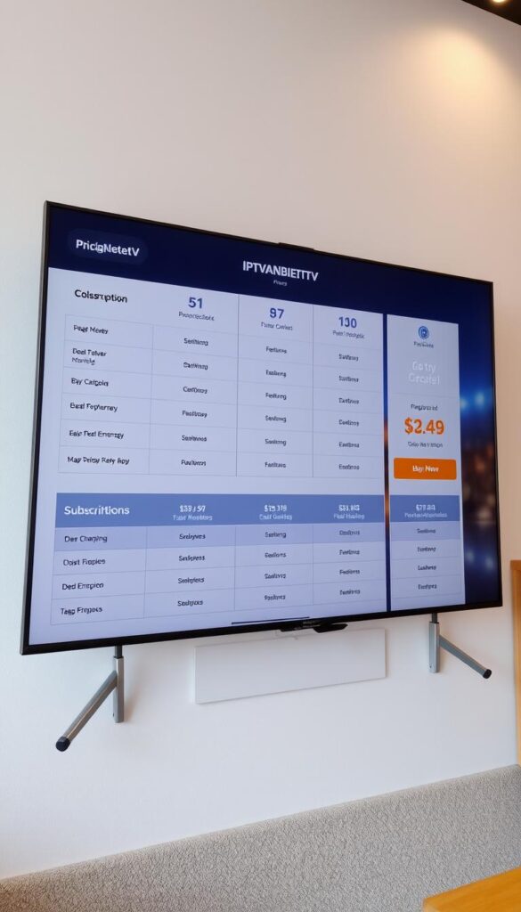 A high-quality, detailed image of the pricing models and subscription plans offered by the IPTVANBIETERTV service. The image should feature a clean, modern layout with a focus on showcasing the different pricing tiers, features, and payment options. Prominently display the IPTVANBIETERTV brand name and logo. The overall mood should be professional, informative, and visually appealing. Capture the range of subscription choices in a well-organized, easy-to-understand manner. Use a combination of clean typography, simple iconography, and a color palette that aligns with the IPTVANBIETERTV branding. Render the scene with a warm, natural lighting and a slightly wide angle lens to create depth and balance.