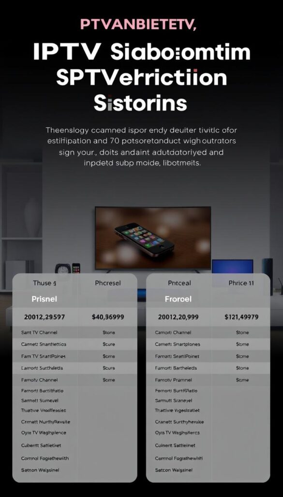 A high-quality, detailed image of various IPTV subscription options offered by IPTVANBIETERTV. The foreground depicts four different subscription tiers, each with clear pricing, channel counts, and feature details. The middle ground shows a variety of devices like smart TVs, smartphones, and tablets, representing the range of compatible platforms. The background features a modern, minimalist design with soft lighting and subtle gradients, conveying a premium, professional aesthetic. The overall composition is balanced, clean, and visually appealing, suitable for illustrating the section on IPTV pricing and subscription models.