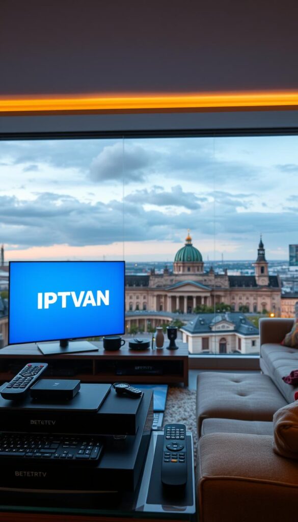 A high-quality, detailed landscape image of an IPTV Deutschland setup. The foreground features the IPTVANBIETERTV brand logo prominently displayed on a sleek, modern TV screen, with various remote controls and streaming devices arranged neatly around it. The middle ground shows a cozy living room setting with comfortable furniture, soft lighting, and a sense of relaxation. The background depicts a skyline of a German city, with iconic landmarks like the Reichstag building or the Brandenburg Gate visible in the distance, conveying a distinctly German atmosphere. The overall scene should evoke a feeling of convenience, entertainment, and the ease of accessing a wide range of TV content through an IPTV service in Deutschland.
