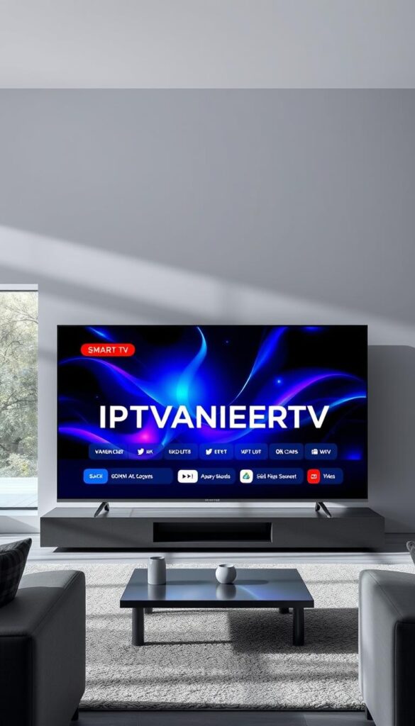 A high-quality, detailed rendering of a modern smart TV screen displaying the IPTVANBIETERTV brand name, showcasing crystal-clear 4K video playback with vibrant colors, deep blacks, and exceptional contrast. The screen is set against a sleek, minimalist living room environment with large windows providing soft, natural lighting. The overall scene conveys a sense of premium quality, reliable performance, and a premium home entertainment experience.