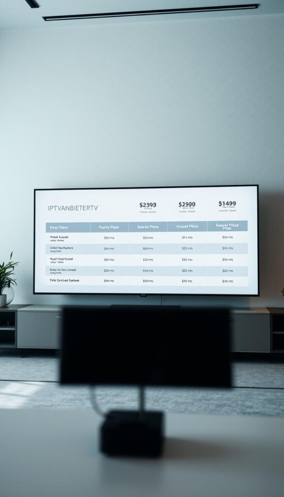 A high-quality digital display showcasing the competitive IPTV pricing landscape, captured with a professional-grade camera. In the foreground, a sleek and minimalist layout highlights the key IPTV service provider, IPTVANBIETERTV, with its premium offerings and unbeatable value. The middle ground features a visually striking comparison of IPTV plans and their respective features, presented in a clean and organized manner. The background subtly suggests the technological advancements and global connectivity that drive the IPTV industry, using muted tones and subtle textures to create a sense of sophistication. Soft, diffused lighting enhances the overall aesthetic, drawing the viewer's attention to the compelling value proposition.