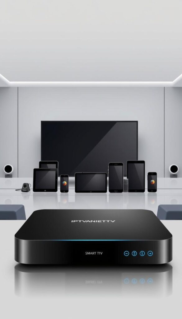 A high-quality digital illustration depicting the compatibility of IPTV devices. In the foreground, a sleek and modern IPTVANBIETERTV set-top box takes center stage, surrounded by a variety of compatible devices such as smart TVs, tablets, and smartphones in the middle ground. The background showcases a minimalist, high-tech environment with clean lines and muted colors, emphasizing the seamless integration of IPTV technology across multiple platforms. The overall scene conveys a sense of technological sophistication and the ease of accessing IPTV content on a wide range of devices.