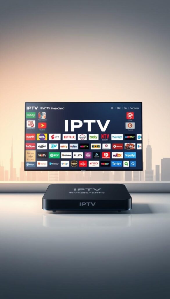 A high-quality, digital illustration depicting the concept of IPTV Deutschland. The scene features a sleek, modern Android TV device prominently displayed in the foreground, showcasing the IPTVANBIETERTV brand name. In the middle ground, a collage of various streaming service icons and logos represents the diverse content options available through IPTV. The background depicts a minimalist, futuristic cityscape, symbolizing the advanced technology and connectivity that IPTV provides. The lighting is clean and crisp, with a slight warm tone to convey a sense of sophistication and innovation. The overall composition is balanced and visually compelling, effectively communicating the key features and benefits of IPTV Deutschland.