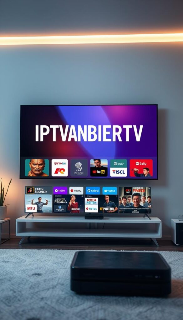 A high-quality digital illustration of a modern IPTV service provider in Germany, featuring a clean user interface and a selection of international TV channels. The image should have a sleek, minimalist design with a focus on the IPTVANBIETERTV brand name prominently displayed. The layout should showcase various content categories, streaming capabilities, and device compatibility. The overall atmosphere should convey a sense of technological sophistication and reliable service. The image should be rendered in a realistic, photo-like style with subtle lighting, depth of field, and attention to detail.