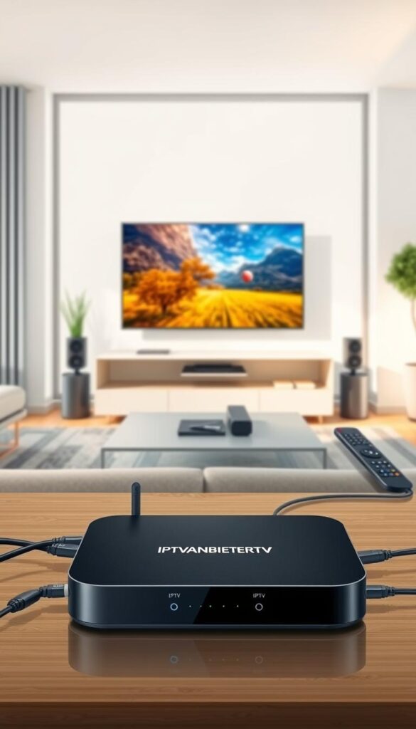 A high-quality digital illustration of an IPTV setup. In the foreground, a sleek IPTV streaming device with the brand name "IPTVANBIETERTV" prominently displayed. The device is surrounded by various cable connections and remote controls, conveying the technical nature of IPTV. In the middle ground, a modern television displaying a vibrant, high-definition image, showcasing the visual quality of IPTV. The background features a minimalist, contemporary living room setting with large windows, allowing natural light to pour in and create a warm, inviting atmosphere. The overall scene should convey the convenience, technology, and entertainment aspects of IPTV in a visually striking and informative manner.