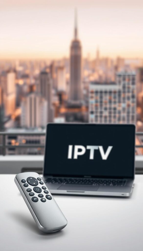 A high-quality digital illustration showcasing the "Legales IPTV Abonnement" offering. Set in a modern, minimalist style, the image depicts a sleek, silver remote control in the foreground, accompanied by a laptop displaying the IPTVANBIETERTV brand logo. The background features a clean, blurred cityscape, conveying a sense of urban sophistication. The lighting is soft and diffused, creating a warm, inviting atmosphere. The composition is balanced and visually appealing, emphasizing the key elements of the "Legales IPTV Abonnement" service.