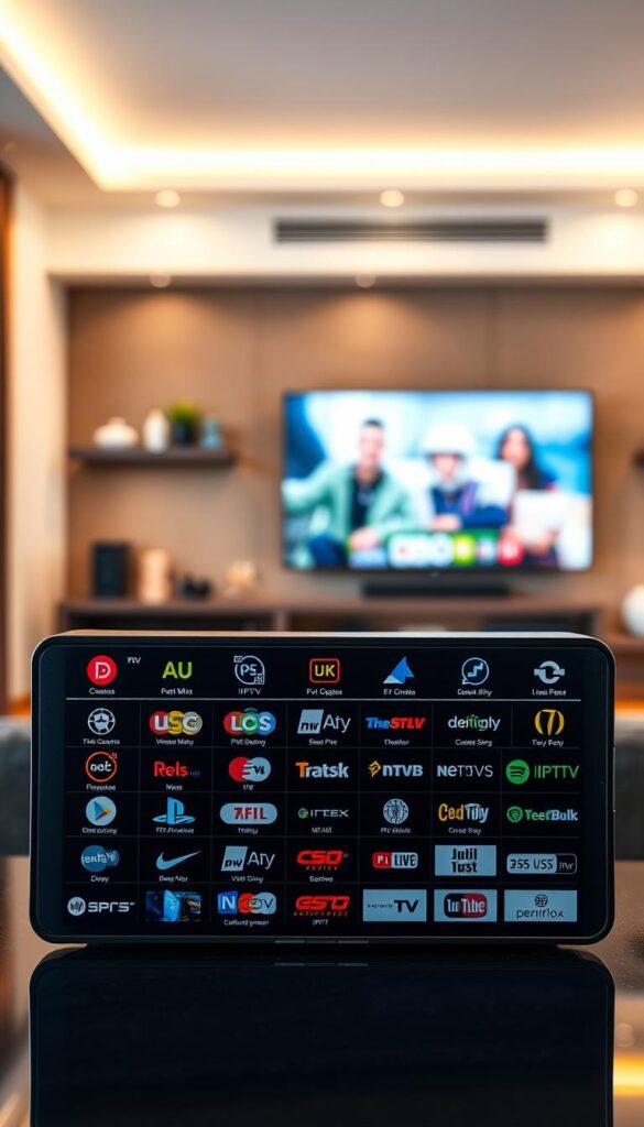 A high-quality digital image of an IPTV package from IPTVANBIETERTV, showcasing a range of channels and services. The package is depicted in the foreground, positioned prominently against a blurred background of a modern living room with a TV and other media equipment. The lighting is soft and warm, creating a cozy and inviting atmosphere. The IPTV package is rendered in intricate detail, highlighting the various features and options available. The overall composition is balanced and visually appealing, reflecting the reliability and versatility of the IPTV service.