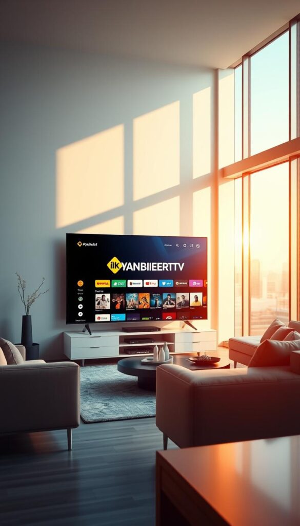 A high-quality digital living room scene with a modern 4K smart TV displaying the "IPTVANBIETERTV" brand logo. The TV is the focal point, positioned centrally and bathed in warm, natural lighting from large windows. The room features minimalist, contemporary furnishings and decor, evoking a premium, tech-savvy lifestyle. The TV screen shows a vibrant, immersive streaming interface with a diverse selection of content. The overall atmosphere is one of comfort, convenience, and the future of home entertainment.