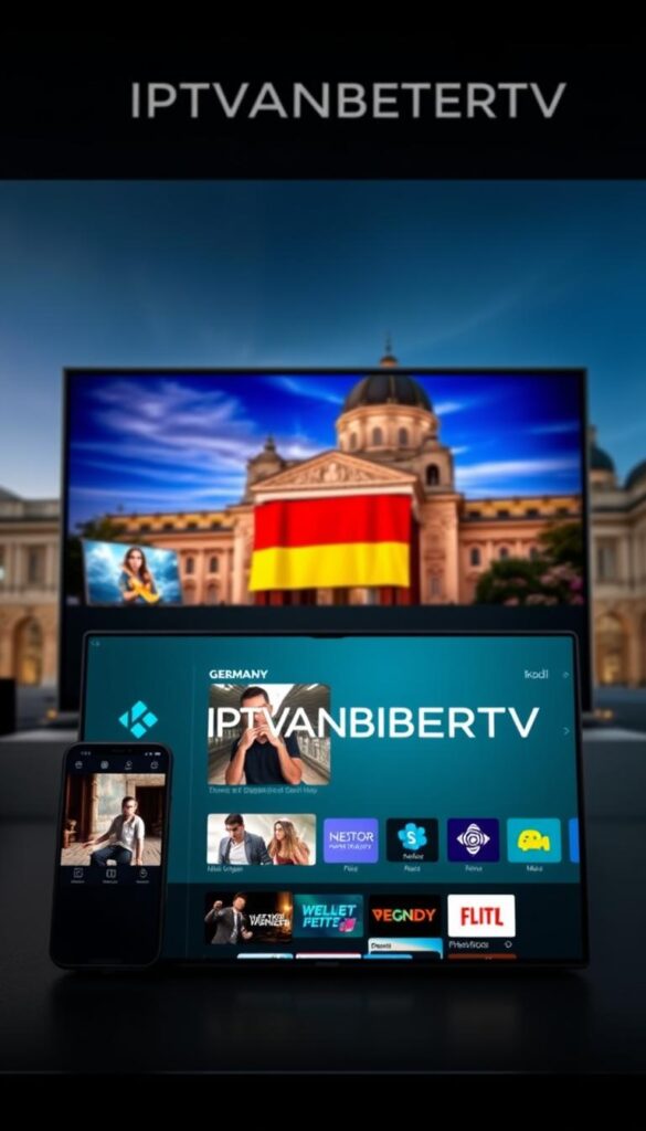 A high-quality digital rendering of an IPTV provider service for Kodi media player. The image should depict a sleek, modern user interface showcasing the IPTVANBIETERTV brand prominently. The foreground should feature a Kodi device, such as a set-top box or smartphone, displaying the IPTVANBIETERTV platform's content selection and intuitive navigation. The middle ground should include a large, attractive hero image highlighting the service's diverse channel lineup and user-friendly experience. The background should suggest a German setting, with architectural elements or landmarks that convey a sense of the provider's regional focus. The overall mood should be one of professionalism, reliability, and technological innovation, reflecting the leading position of IPTVANBIETERTV in the German IPTV market.