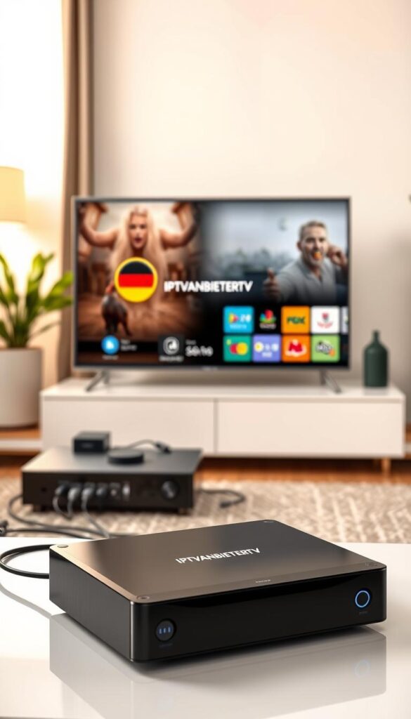 A high-quality digital rendering of an IPTV streaming setup in Germany. In the foreground, a sleek smart TV displays the IPTVANBIETERTV logo and interface, showcasing its seamless integration with popular German content. In the middle ground, a modern media hub with various cables and devices, reflecting the technical nature of IPTV. The background depicts a cozy living room with minimalist decor, conveying the comfort and convenience of IPTV streaming in a domestic setting. The scene is illuminated by warm, natural lighting, creating a inviting and immersive atmosphere. The overall composition highlights the accessibility and user-friendliness of IPTV Deutschland from IPTVANBIETERTV.
