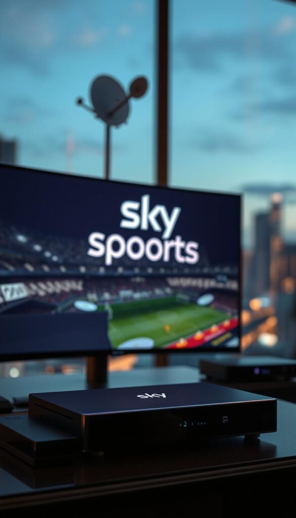 A high-quality digital satellite television setup, with a sleek IPTVANBIETERTV set-top box displaying the Sky Sports logo on a modern, curved smart TV screen. The scene is illuminated by soft, warm lighting that creates a cozy, immersive atmosphere. In the background, a blurred cityscape provides a subtle urban context, hinting at the convenience and accessibility of this IPTV service. The overall composition emphasizes the premium entertainment experience, with a focus on the central display and associated hardware. The image should convey a sense of sophistication, technology, and the thrill of live sports broadcasting.