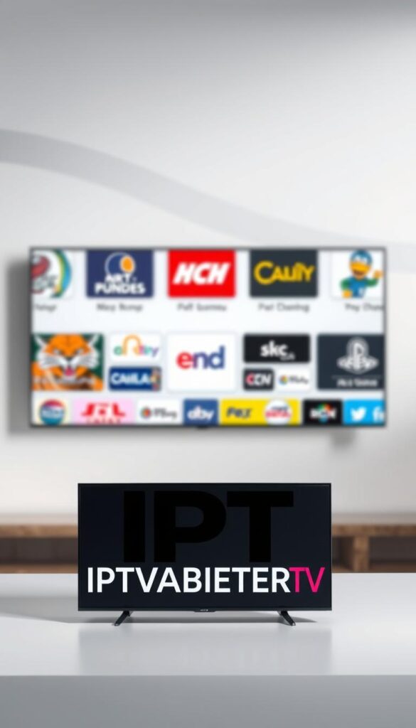 A high-quality digital television package with a comprehensive selection of channels, including popular entertainment, sports, news, and specialty content. The IPTVANBIETERTV logo prominently displayed in the foreground, conveying a sense of professionalism and reliability. In the middle ground, a grid of colorful channel icons, each representing the diverse programming available. The background features a clean, minimalist design with subtle gradients and textures, creating a modern and sophisticated atmosphere. Soft, directional lighting highlights the key elements, lending an air of quality and refinement to the overall composition.