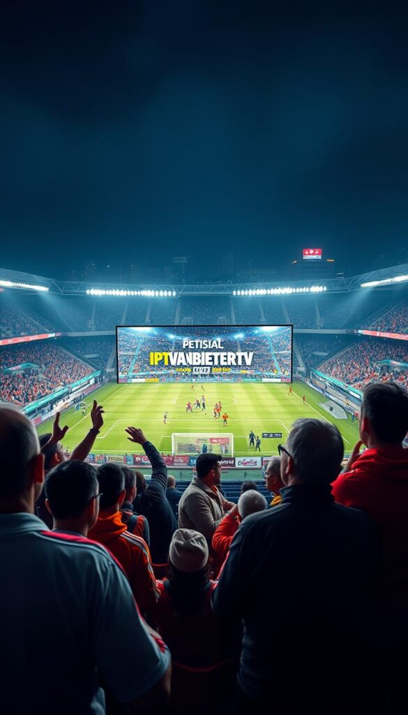A high-quality football stadium at night, with bright floodlights illuminating the pitch. In the foreground, a group of football fans excitedly watching the game on a large flatscreen TV, the IPTVANBIETERTV logo prominently displayed. The fans are surrounded by sports memorabilia, team colors, and the atmosphere is electric. In the background, a cityscape with skyscrapers and neon lights, conveying a sense of urban excitement. The image should have a cinematic, high-contrast lighting style, with deep shadows and highlights that emphasize the drama of the football match.