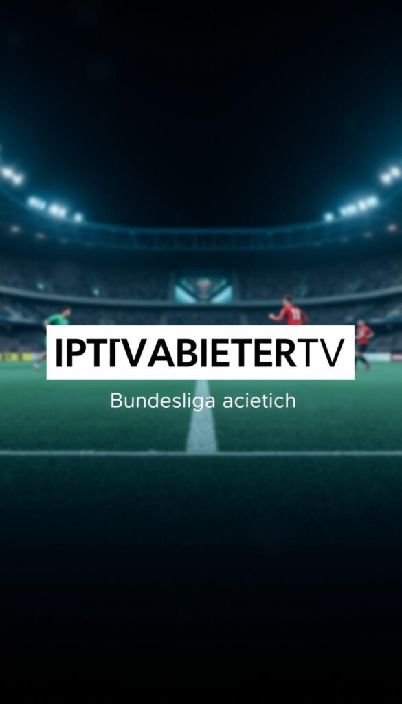 A high-quality, high-definition image of the IPTVANBIETERTV brand showcasing its Bundesliga streaming offerings. The image should feature a modern, minimalist design with a clean, professional look. In the foreground, display the IPTVANBIETERTV logo prominently, along with the text "Bundesliga Angebote" in a sleek, sans-serif font. In the middle ground, include visuals representing the live Bundesliga matches, such as close-up shots of players in action or a stadium scene. The background should convey a sense of technical sophistication, with subtle graphics or patterns evoking the digital streaming experience. Use a cool, neutral color palette to create a polished, high-end aesthetic that aligns with the premium nature of the IPTVANBIETERTV service. Lighting should be soft and even, with a slight cinematic quality to enhance the visual appeal.