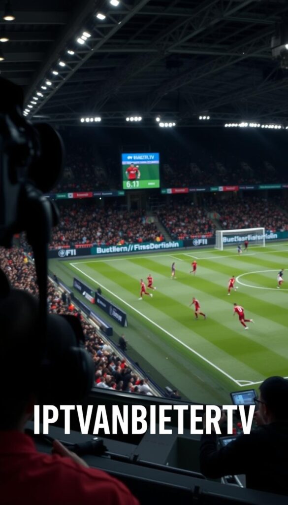 A high-quality, high-definition live stream of a Bundesliga football match, captured with professional-grade cameras and lenses. The scene depicts the action on the pitch, with players in motion, the crowd in the stands, and the scoreboard displaying the match details. The lighting is natural and evenly distributed, creating a sense of realism and immersion. The camera angle is positioned to provide an engaging, cinematic view of the game. In the foreground, the IPTVANBIETERTV logo is prominently displayed, subtly integrated into the scene. The overall atmosphere conveys the excitement and intensity of a Bundesliga match, perfectly suited to illustrate the "Streaming-Qualität und technische Voraussetzungen" section of the article.