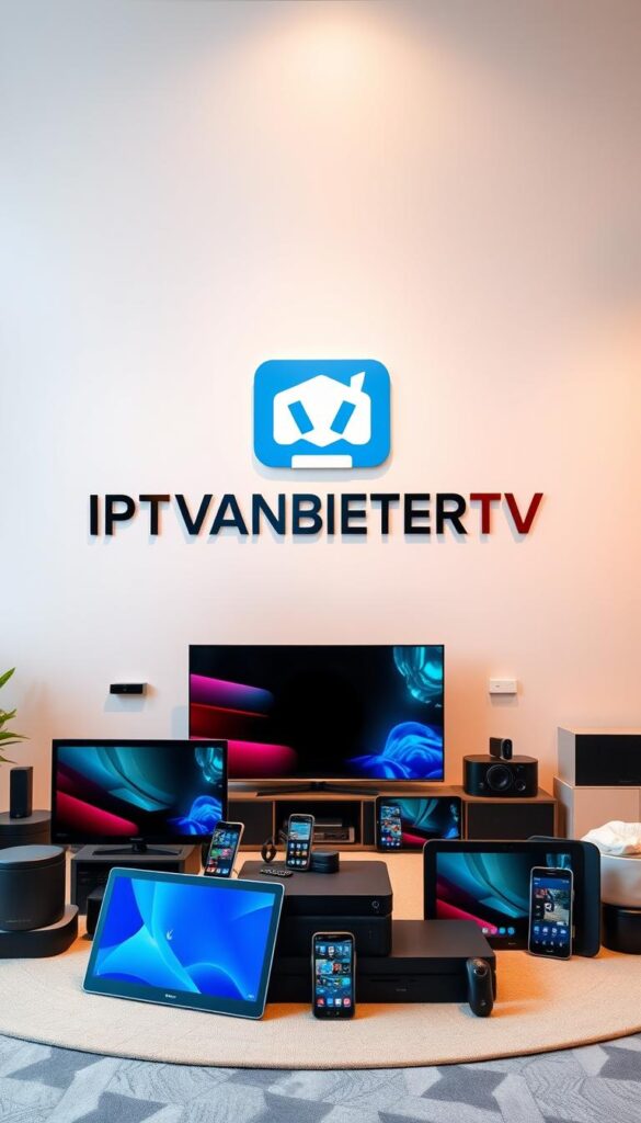 A high-quality, high-resolution image of the IPTVANBIETERTV brand logo and product display showcasing a wide range of connected smart devices, including smart TVs, tablets, and smartphones, against a clean, modern background with a soft, warm lighting setup. The logo should be prominently featured, with the devices arranged in a dynamic, visually appealing composition that conveys a sense of flexibility, versatility, and connectivity. The overall atmosphere should be polished, professional, and inviting, reflecting the brand's reputation for reliable and user-friendly IPTV services.
