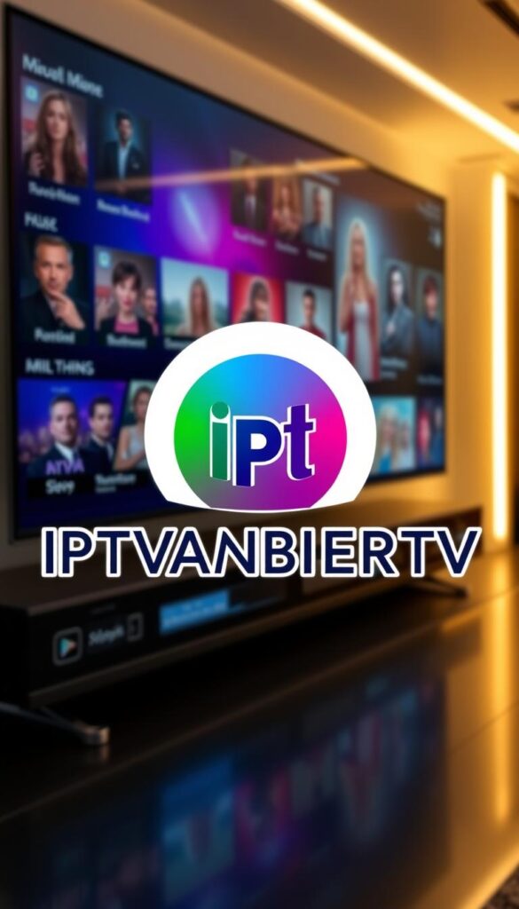 A high-quality, hyper-realistic image of the IPTVANBIETERTV brand logo and interface, showcasing their comprehensive IPTV service for movies and TV shows. The logo is prominently displayed in the foreground, with a clean, modern design and vibrant colors. The background features a seamless integration of various streaming platform interfaces, including sleek UI elements, program thumbnails, and a sense of depth and dimension. The lighting is soft and warm, creating a welcoming and inviting atmosphere. The overall composition is balanced and visually striking, capturing the essence of IPTVANBIETERTV's premier IPTV offerings for the German market.