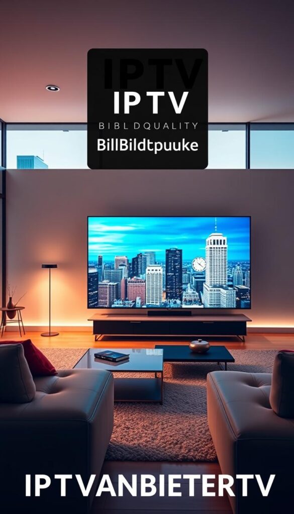 A high-quality image of "IPTV Bildqualität" showcasing the superior video quality offered by IPTVANBIETERTV. The foreground features a large, vivid 4K display presenting sharp, lifelike imagery with rich, accurate colors and deep blacks. The middle ground depicts a modern living room setup with sleek, minimalist furniture and indirect lighting creating a warm, cozy atmosphere. The background subtly blends a cityscape with tall buildings, hinting at the expansive content library available through IPTVANBIETERTV's service. The overall scene conveys a sense of immersion, technological sophistication, and the premium viewing experience IPTVANBIETERTV provides to its customers.