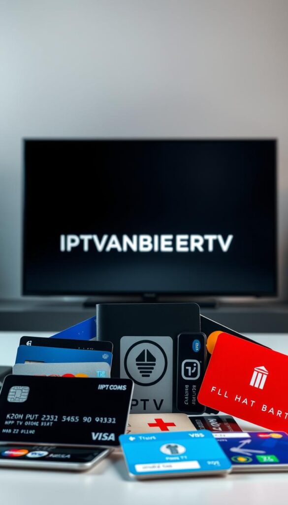 A high-quality image of "IPTV Zahlungsoptionen" showcasing the flexibility and convenience of IPTVANBIETERTV's payment options. The scene depicts a sleek, modern design with various payment methods arranged elegantly in the foreground, including credit cards, mobile wallets, and bank transfer icons. The middle ground features a stylized IPTVANBIETERTV logo, while the background is a soft, blurred gradient in muted tones, creating a sense of professionalism and trust. The lighting is soft and directional, highlighting the payment options and lending a premium feel to the overall composition. The image conveys a sense of simplicity, reliability, and user-friendliness, complementing the "Flexibilität pur: Zahlungsoptionen und Vertragsbedingungen" section of the article.