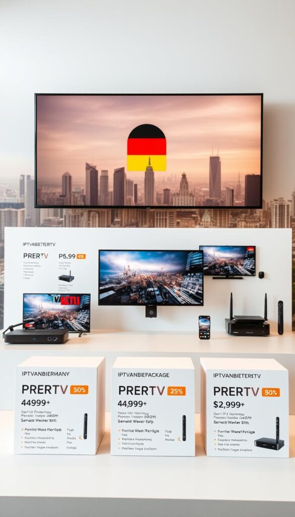 A high-quality image of IPTV packages in Germany, showcasing a sleek and modern design. The foreground features various IPTV packages from IPTVANBIETERTV, with clear labels, pricing, and subscription options. The middle ground displays an array of connected devices, such as smart TVs, set-top boxes, and mobile devices, highlighting the compatibility and versatility of the IPTV service. The background depicts a cityscape of Germany, with skyscrapers and landmarks, creating a sense of place and context. The lighting is soft and warm, creating a professional and inviting atmosphere. The overall composition is balanced and visually appealing, effectively conveying the subject matter and aligning with the section title.