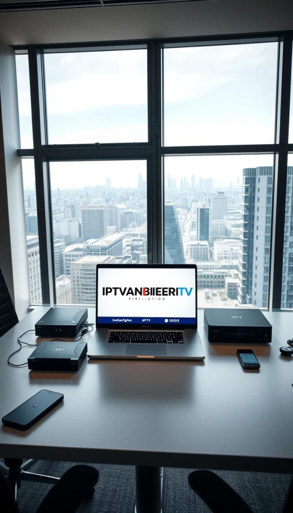 A high-quality image of a German IPTV provider with VPN support, set in a modern office environment. The scene features a desk with a laptop displaying the "IPTVANBIETERTV" brand logo, along with various networking devices and a mobile device. The lighting is bright and natural, highlighting the sleek, minimalist design of the office space. The background showcases a city skyline through large windows, conveying a sense of urban sophistication. The overall mood is professional, tech-savvy, and focused on delivering a reliable and secure IPTV service to customers in Germany.
