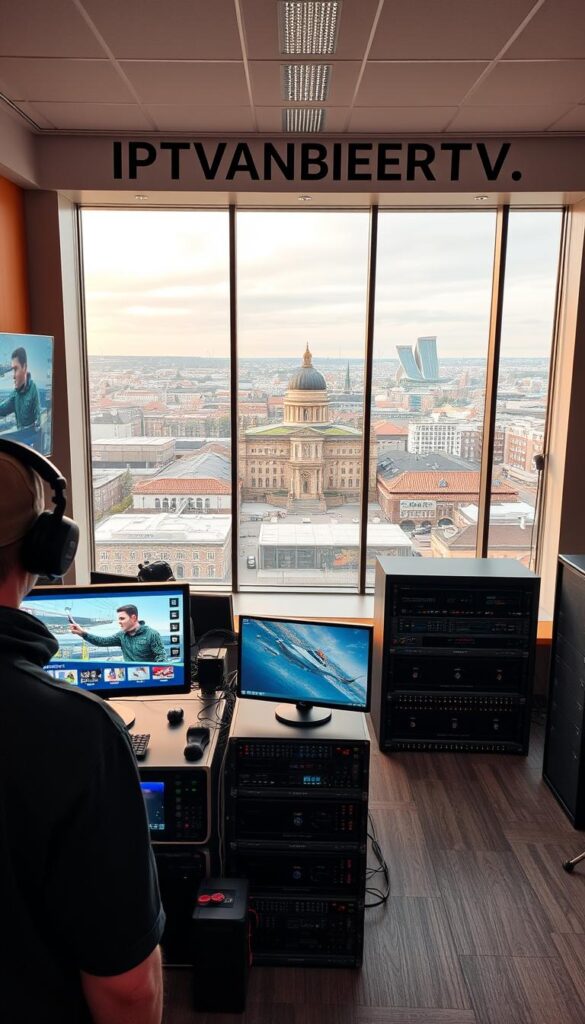 A high-quality image of an IPTV sender located in Hamburg, Germany. A modern, sleek studio with state-of-the-art broadcasting equipment. In the foreground, a technician monitors multiple screens displaying various live TV channels. The middle ground features rows of servers and networking gear, all neatly organized. The background showcases a panoramic view of the Hamburg cityscape through large windows, with the iconic Elbphilharmonie concert hall visible in the distance. Warm, ambient lighting creates a professional, high-tech atmosphere. The IPTVANBIETERTV logo is prominently displayed on the wall. The overall scene conveys the reliability, technical expertise, and extensive channel selection of this IPTV provider serving the Hamburg market.