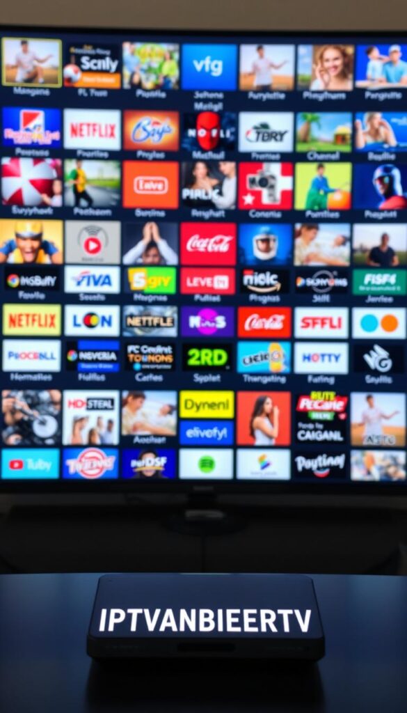 A high-quality image of an IPTV service provider's extensive channel list with an electronic program guide (EPG). The image shows a sleek, modern interface displaying a comprehensive channel lineup across various genres and categories, including popular live TV channels, on-demand content, and specialty programming. The layout is clean and visually appealing, with clear organization and intuitive navigation. The foreground features the IPTVANBIETERTV brand prominently displayed, while the middle ground showcases the channel grid with vivid thumbnails and detailed program information. The background is blurred, creating a depth of field effect and emphasizing the primary content. The lighting is soft and natural, creating a comfortable and inviting atmosphere. The overall impression conveys the breadth and quality of the IPTV service's channel offerings and EPG functionality.