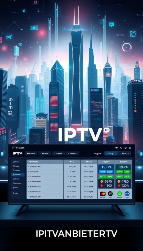 A high-quality, meticulously detailed digital illustration depicting a modern, sleek and intuitive IPTV comparison interface. The foreground showcases a clean, user-friendly UI with various IPTV provider options, channel lineups, and subscription plans prominently displayed. The middle ground features abstract data visualizations, charts, and infographics highlighting key IPTV features and performance metrics. The background depicts a futuristic cityscape with towering skyscrapers, holograms, and a vibrant, neon-lit atmosphere, evoking a sense of technological innovation. Lighting is soft and diffused, creating depth and emphasizing the interface's clarity. The overall composition conveys a sense of professionalism, authority, and the transformative power of IPTV technology, with the brand name "IPTVANBIETERTV" prominently featured.