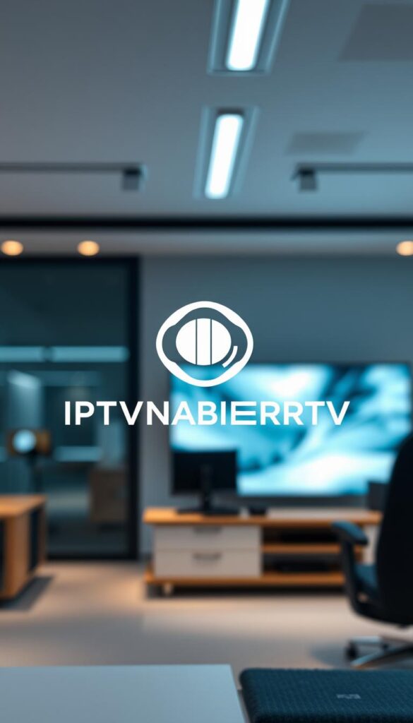 A high-quality, meticulously detailed image of the IPTVANBIETERTV brand logo and service offering, rendered in a realistic, photorealistic style. The logo should be prominently displayed in the foreground, with a clean and elegant composition. The background should feature a crisp, well-lit interior setting, such as a modern office or technology showroom, to convey a sense of professionalism and reliability. Subtle lighting and depth of field effects should be used to draw the viewer's attention to the logo and key service details. The overall mood should be one of authority, trustworthiness, and premium quality, reflecting the IPTVANBIETERTV brand's position as a leading IPTV provider in Germany.