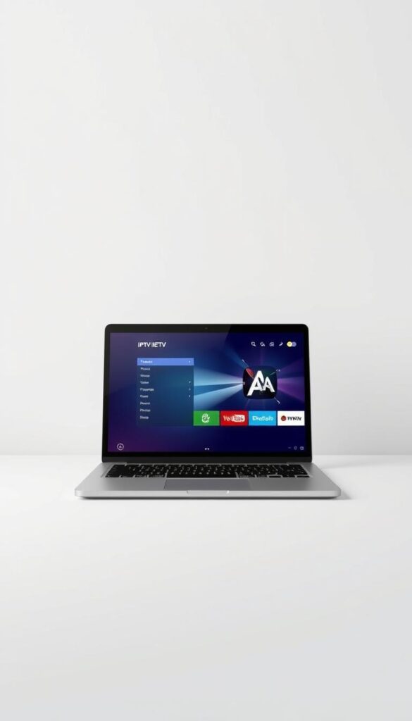 A high-quality, minimalist digital illustration showcasing the "IPTVANBIETERTV" brand. The composition features a sleek, modern laptop or tablet device prominently displayed in the center, with a crisp, high-resolution EPG (Electronic Program Guide) interface depicted on the screen. The device is positioned against a simple, clean background, with subtle gradients or textures to provide visual interest and depth. The lighting is soft and diffused, creating a professional, polished aesthetic. The overall mood is one of sophistication, reliability, and technological prowess, reflecting the premium nature of the "IPTVANBIETERTV" IPTV service in Germany.
