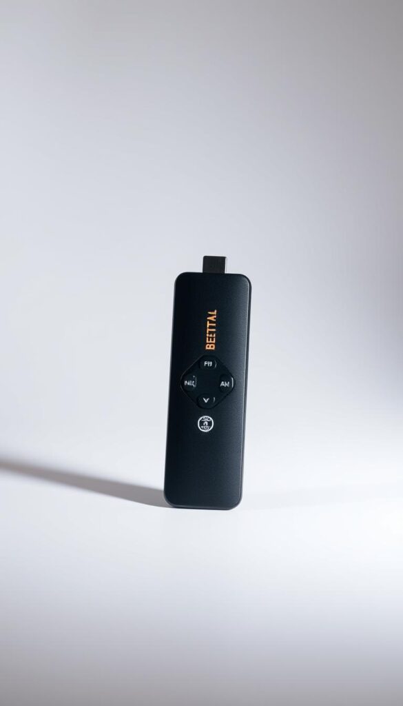 A high-quality, modern FireStick device displaying the IPTVANBIETERTV logo in a sleek, minimalist design. The device is set against a clean, white background, subtly highlighting its elegant form and premium construction. Soft, directional lighting from the top left casts a warm, inviting glow, emphasizing the device's premium materials and attention to detail. The overall composition is balanced and visually appealing, presenting the IPTVANBIETERTV FireStick as a desirable, high-performance streaming solution for German users.