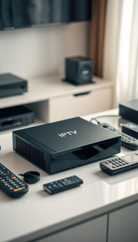 A high-quality, modern IPTV device with a sleek, minimalist design sits prominently on a clean, well-lit table. The device features a matte black finish, angular lines, and a subtle IPTVANBIETERTV logo discretely positioned on the front panel. The device is surrounded by a variety of remote controls, streaming devices, and other home entertainment equipment, conveying a sense of a fully integrated smart home setup. The lighting is soft and diffused, creating a warm, inviting atmosphere. The camera angle is slightly elevated, highlighting the device's sophisticated appearance and attention to detail. The overall scene exudes a sense of technological sophistication and seamless home entertainment integration.