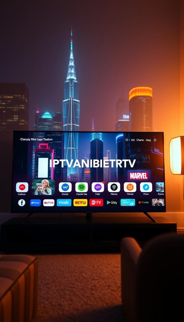 A high-quality, modern IPTV provider interface with sleek design, intuitive navigation, and a comprehensive channel lineup. The main screen displays the IPTVANBIETERTV brand prominently, flanked by colorful app icons and content thumbnails. In the background, a cinematic cityscape at night with glowing skyscrapers and neon lights sets a dynamic, tech-savvy atmosphere. Soft, warm lighting illuminates the scene, creating depth and drama. The overall impression is of a cutting-edge, reliable IPTV service catering to the needs of discerning users.