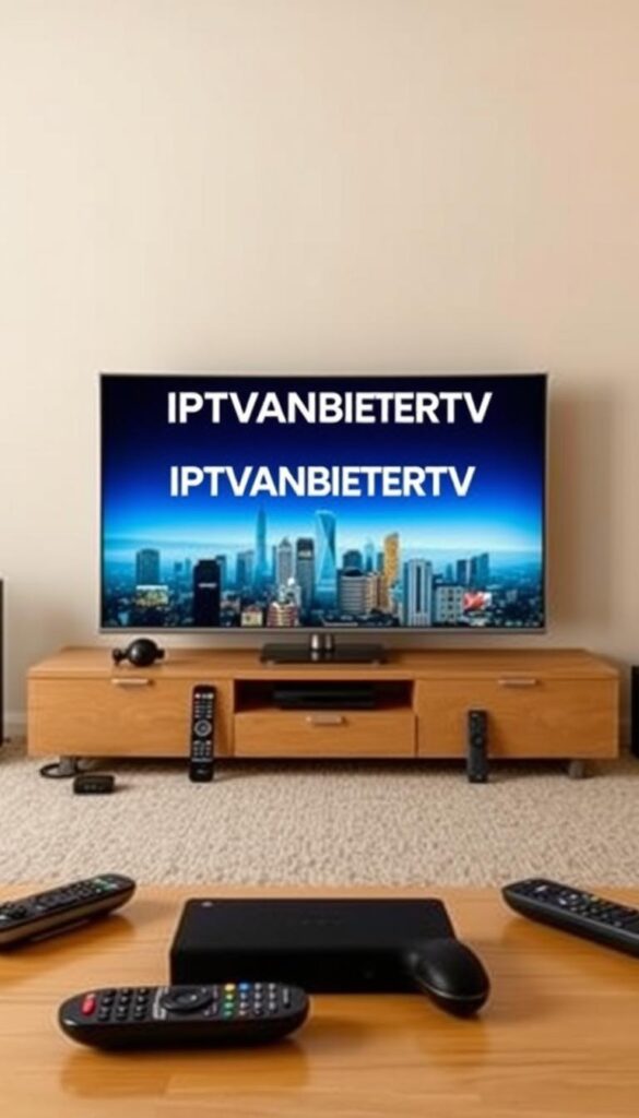 A high-quality, modern IPTV service offering a wide range of live TV channels, on-demand content, and premium sports coverage. The image depicts a sleek, minimalist design with the IPTVANBIETERTV brand prominently displayed. The foreground showcases a smart TV displaying the IPTV interface, surrounded by various remote controls and digital devices. The middle ground features a stylized cityscape, suggesting the diverse range of local and international channels available. The background is a softly blurred, neutral tone, creating a clean and professional aesthetic. The lighting is warm and natural, conveying a sense of reliability and accessibility. The overall composition aims to highlight the convenience, affordability, and comprehensive nature of the IPTV service.