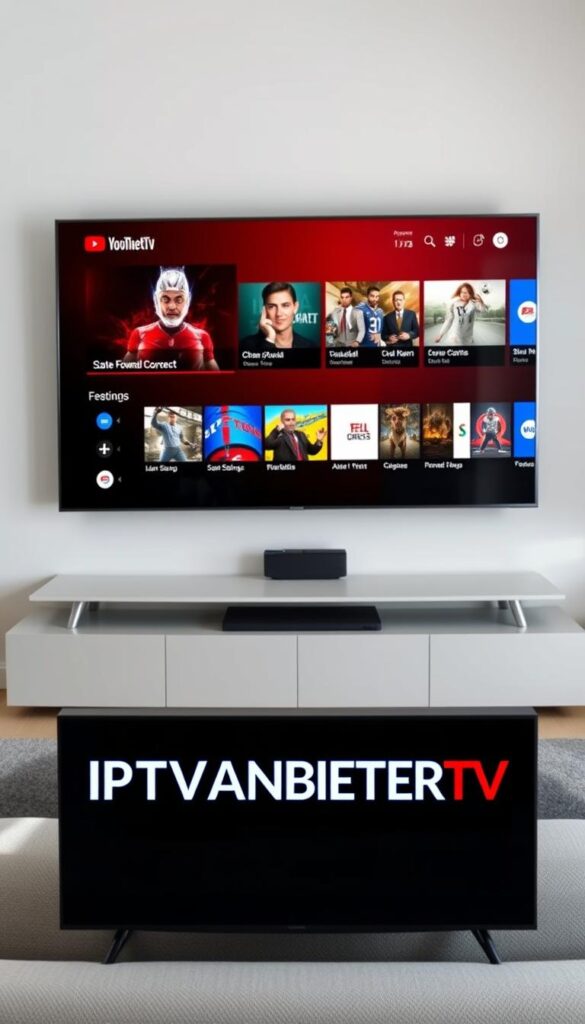 A high-quality, modern IPTV service with a seamless VPN integration, showcasing a sleek, minimalist TV interface. The foreground features the IPTVANBIETERTV brand name prominently displayed, with a focus on the service's user-friendly design and intuitive navigation. The middle ground depicts a range of live TV channels, on-demand content, and streaming options, all accessible through a cutting-edge, responsive UI. The background showcases a contemporary, tech-savvy environment, with subtle nods to the advantages of IPTV over traditional television services, such as increased flexibility, accessibility, and personalization. The overall scene conveys a sense of sophistication, innovation, and the future of home entertainment.