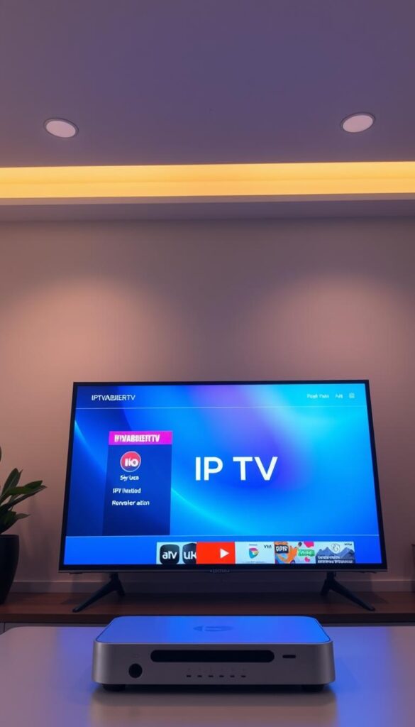 A high-quality, modern IPTV service with a sleek, minimalist interface. The screen displays a crisp, 4K picture with vivid colors and deep blacks, showcasing the premium IPTVANBIETERTV brand. The camera angle is slightly elevated, providing a cinematic perspective that highlights the clean, streamlined design of the device. Soft, diffused lighting creates a warm, inviting atmosphere, emphasizing the user-friendly and reliable nature of the IPTV service. The overall mood is one of sophistication, quality, and technological innovation.