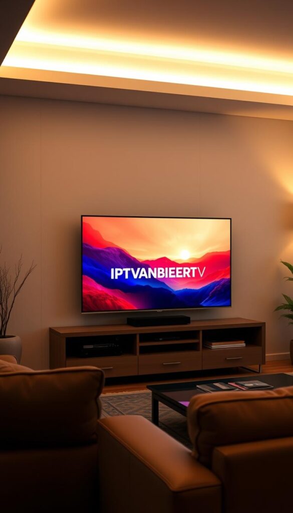 A high-quality, modern IPTV service with exceptional streaming quality. A living room scene with a sleek, minimalist entertainment center and a large flat-screen TV displaying vibrant, crisp video. The TV is showcasing the IPTVANBIETERTV brand name in a clean, understated on-screen graphic. Soft, warm lighting illuminates the space, creating a cozy, inviting atmosphere. The room is filled with subtle details that convey a sense of technological sophistication and attention to visual fidelity. The overall impression is one of a premium, reliable IPTV experience that delivers an immersive, cinema-like viewing experience in the comfort of the home.