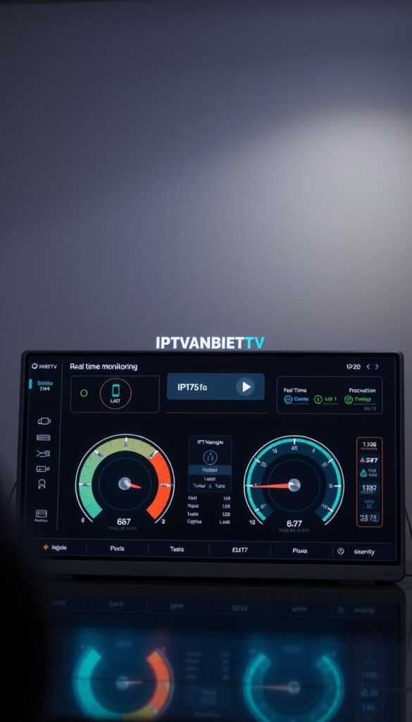 A high-quality, modern digital dashboard display showcasing real-time monitoring of an IPTV service's health status. The sleek interface features a prominent "IPTVANBIETERTV" logo, clean typography, and intuitive gauges and indicators. The display is bathed in a soft, ambient lighting scheme, creating a professional and informative atmosphere. The overall composition emphasizes simplicity, efficiency, and reliable performance, conveying the IPTV provider's commitment to seamless service and customer satisfaction.