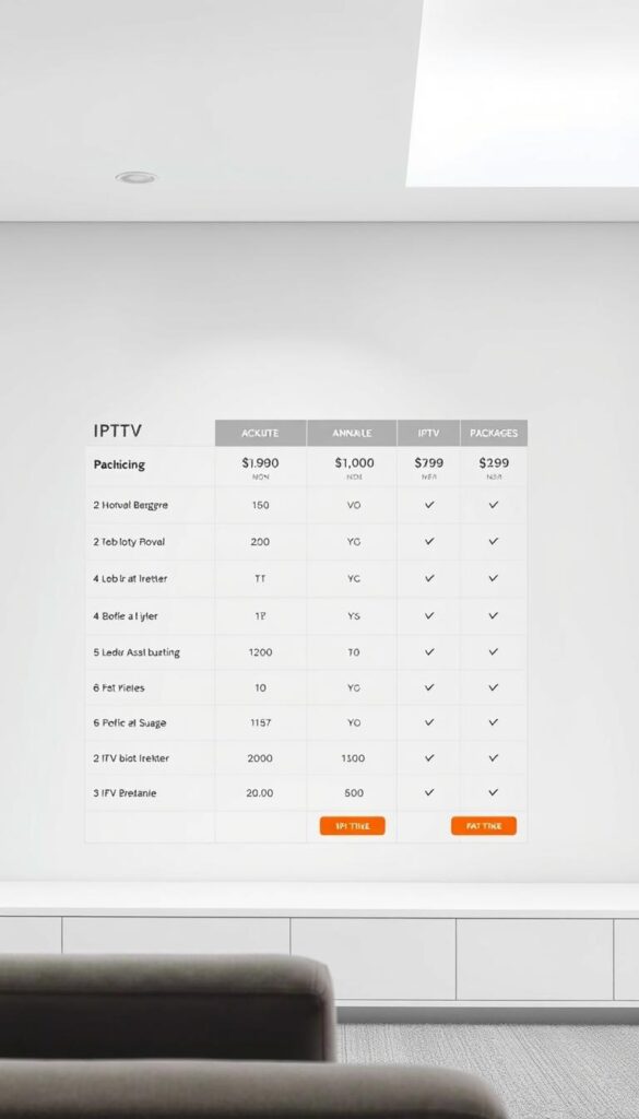 A high-quality, modern image of a detailed IPTV pricing table or comparison chart showcasing the different IPTV subscription options and annual pricing in Germany. The scene should have a clean, minimalist design with a neutral color palette, featuring a large central pricing table or grid with clear pricing details for various IPTV packages from the provider IPTVANBIETERTV. The table should be presented in a sleek, professional manner against a plain background, with subtle grid lines and icons to represent the different features. The overall mood should be informative, organized, and visually appealing to showcase the IPTV offerings in an engaging way.
