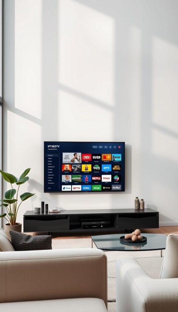 A high-quality, modern living room with large windows letting in natural light. A sleek smart TV is mounted on the wall, displaying the IPTVANBIETERTV interface with a variety of live TV channels and on-demand content. The room has minimalist, contemporary furnishings in neutral tones, creating a sophisticated and inviting atmosphere. A potted plant and some decorative accents add a touch of warmth. The overall scene conveys the comfort and convenience of legally enjoying a wide range of IPTV content at home in Germany.