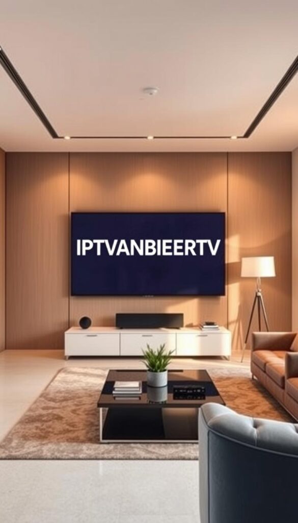 A high-quality, modern office interior with a large, sleek IPTV provider comparison display prominently featured. The display showcases the IPTVANBIETERTV brand name in a bold, minimalist design. The lighting is warm and natural, creating a professional, trustworthy atmosphere. The background features clean, uncluttered walls in a neutral color palette, with modern furniture and decor elements that complement the overall aesthetic. The camera angle is slightly elevated, giving a sense of authority and expertise to the IPTV provider comparison content. The overall composition is balanced, visually appealing, and tailored to convey the subject matter in a clear, compelling manner.