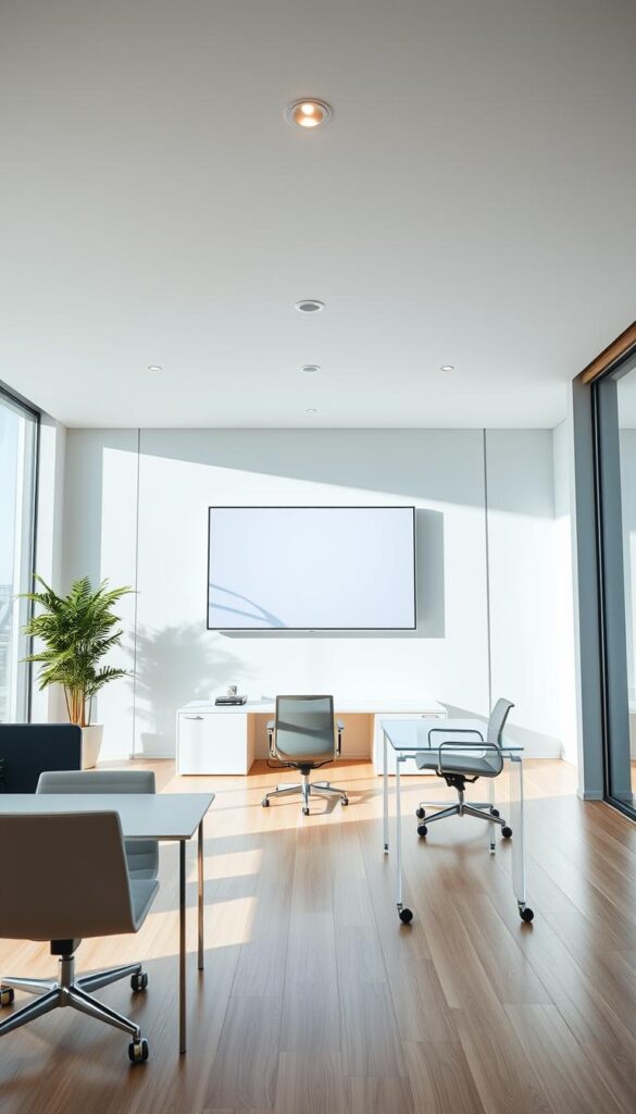 A high-quality, modern office interior with sleek, minimalist design. The main focus is a large IPTVANBIETERTV screen mounted on the wall, displaying a crisp, vibrant image. The screen is surrounded by a minimalist, white frame that seamlessly blends into the wall. The room has large windows that let in abundant natural light, creating a bright and airy atmosphere. The furniture, such as a modern desk and chairs, are also minimalist in design and have a neutral color palette that complements the overall aesthetic. The floor is made of light-colored hardwood, adding a warm touch to the space. The lighting is a combination of natural sunlight and subtle, recessed ceiling lights that create a soft, even illumination throughout the room.