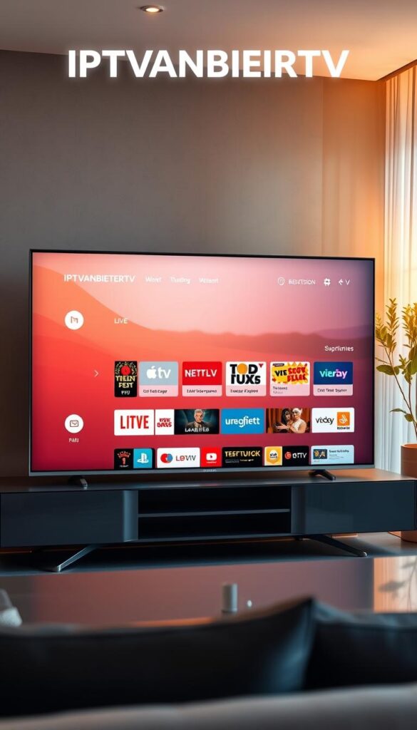 A high-quality, modern smart TV display showcasing the IPTVANBIETERTV brand and service. The screen depicts a clean, minimalist user interface with intuitive navigation and a diverse selection of live TV channels, on-demand content, and integrated streaming apps. The device is positioned in a stylish, contemporary living room setting with warm lighting and hints of natural elements in the background, creating a cozy, immersive entertainment experience. The overall composition conveys a sense of technological sophistication, reliability, and user-friendliness associated with IPTVANBIETERTV's leading IPTV solution for the German market.
